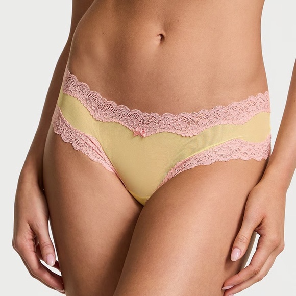Victoria's Secret Tease Mesh Lace-Trim Cheeky Panty Yellow Tulip Large NEW - Picture 2 of 6